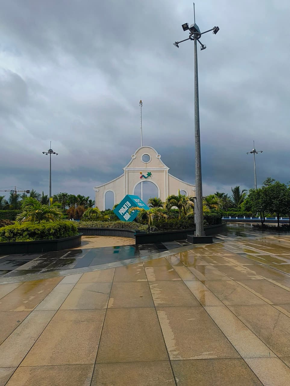 Landscaped forecourt and arch outside Mopa airport