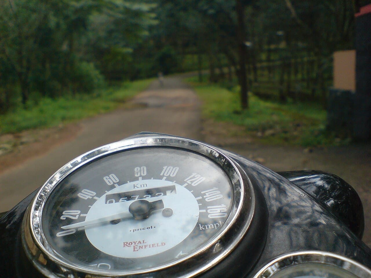 Royal Enfield Classic 350 speedometer with the road ahead