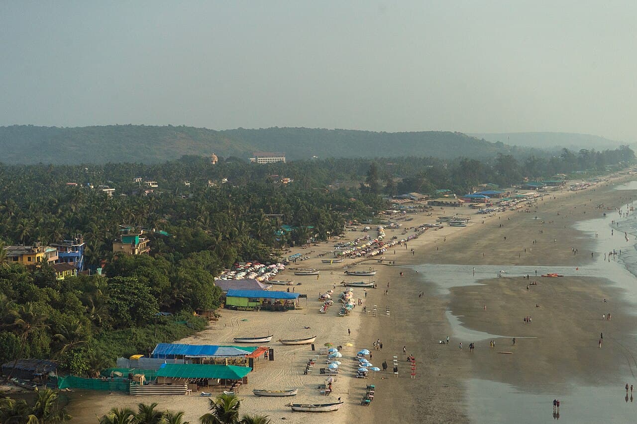 Aerial view of Arambol beach with shacks, umbrellas and fishing boats along the shore below wooded hills