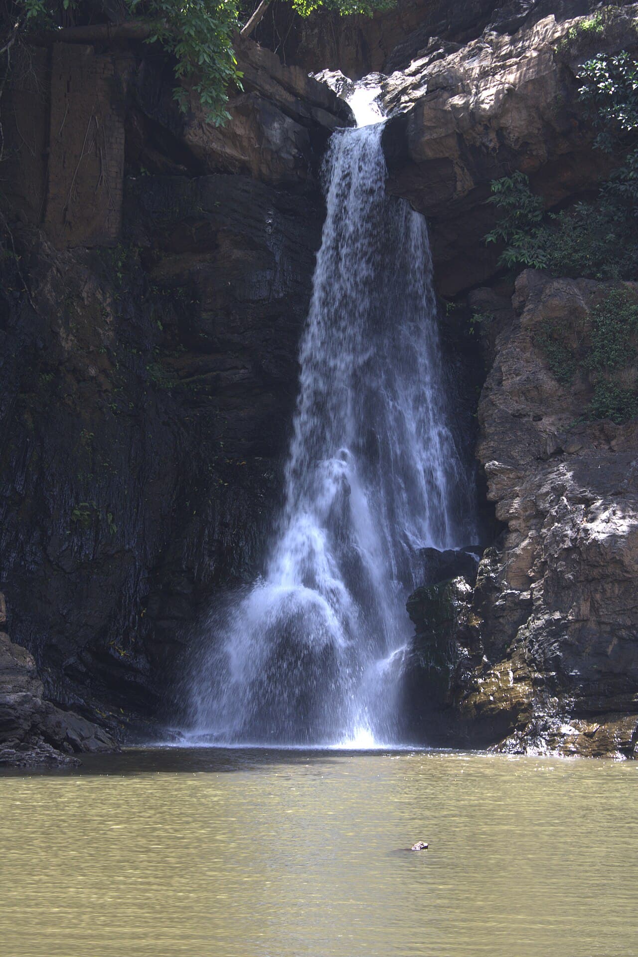 Arvalem waterfall pouring down a dark rock face into a calm brown pool